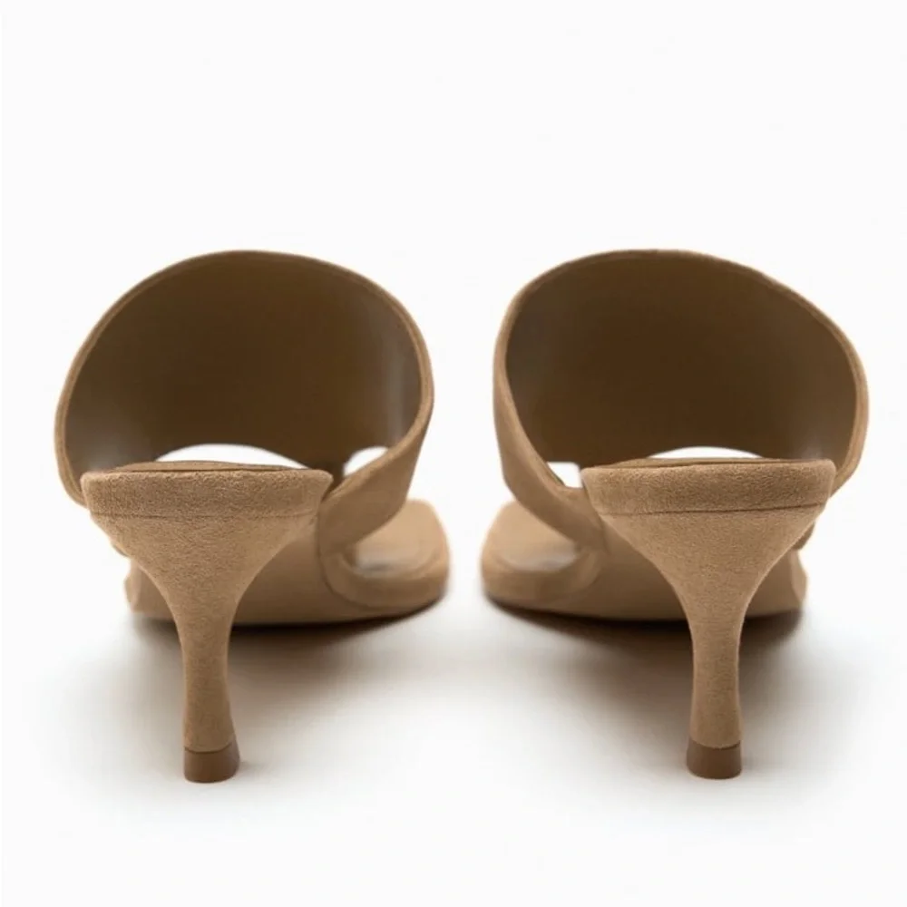 Zara Sandy Brown Toe Post Heeled Suede Leather Sandals - Picture 7 of 12